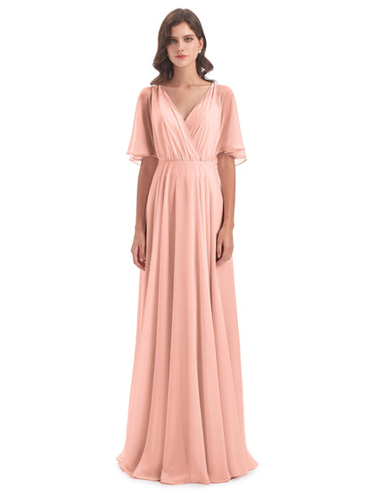 Hazel V-Neck Short Sleeves Chiffon Long Bridesmaid Dresses