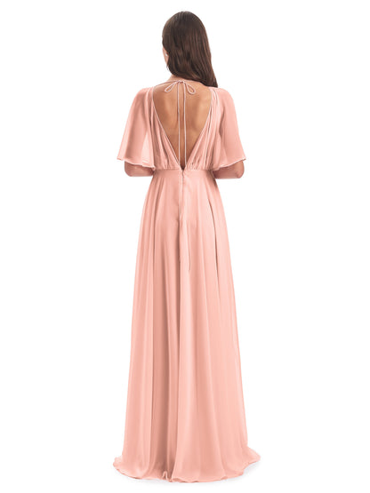 Hazel V-Neck Short Sleeves Chiffon Long Bridesmaid Dresses