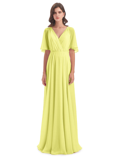 Hazel V-Neck Short Sleeves Chiffon Long Bridesmaid Dresses