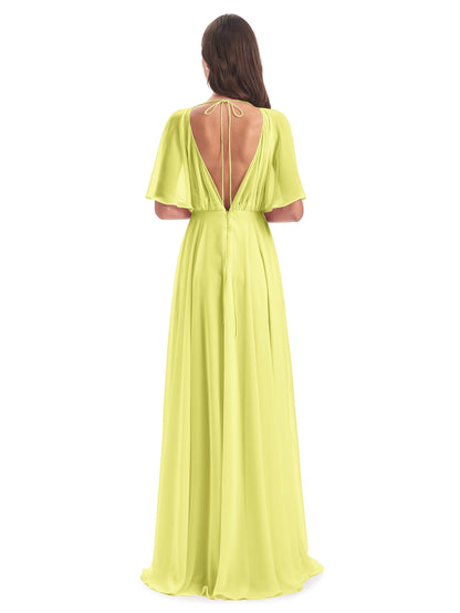 Hazel V-Neck Short Sleeves Chiffon Long Bridesmaid Dresses