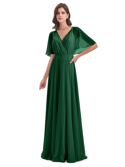 Hazel V-Neck Short Sleeves Chiffon Long Bridesmaid Dresses
