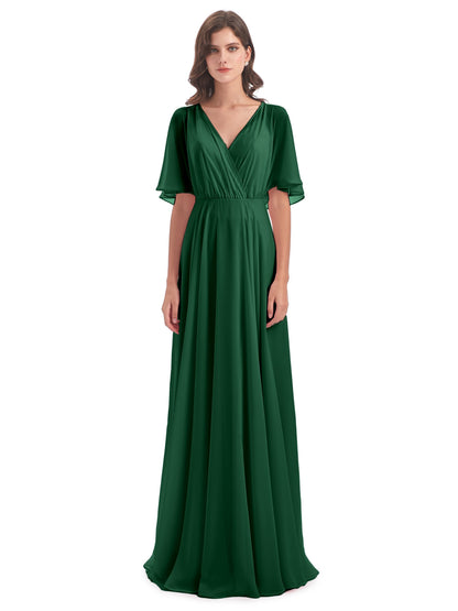 Hazel V-Neck Short Sleeves Chiffon Long Bridesmaid Dresses