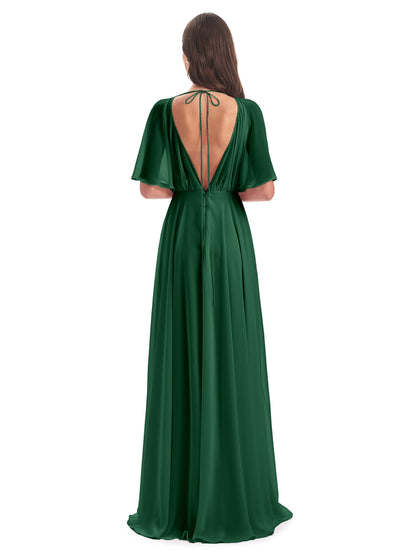Hazel V-Neck Short Sleeves Chiffon Long Bridesmaid Dresses