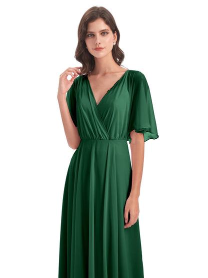 Hazel V-Neck Short Sleeves Chiffon Long Bridesmaid Dresses