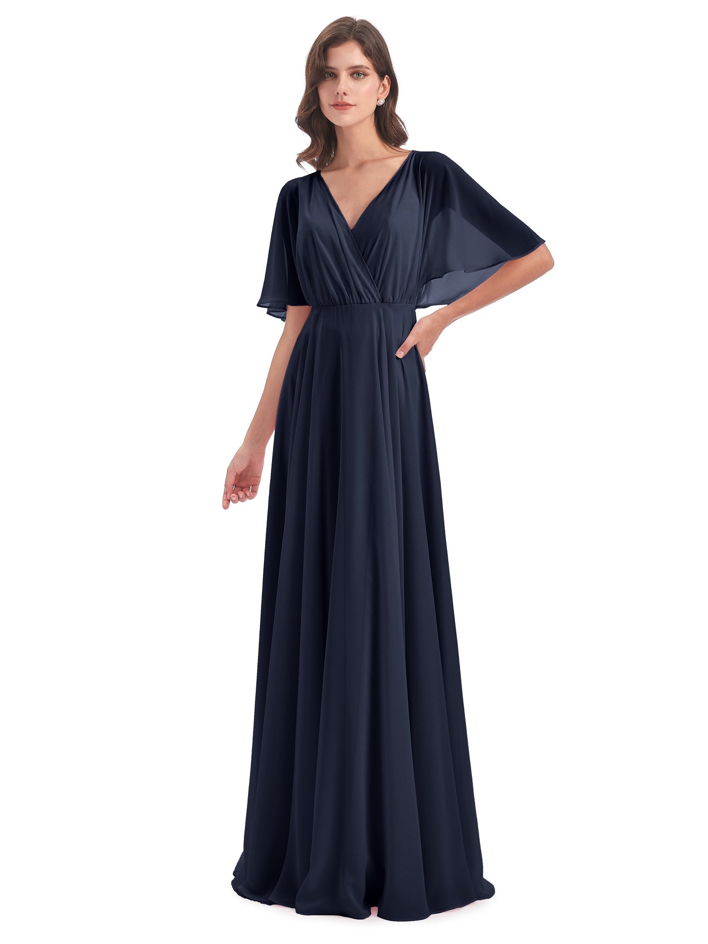 Hazel V-Neck Short Sleeves Chiffon Long Bridesmaid Dresses