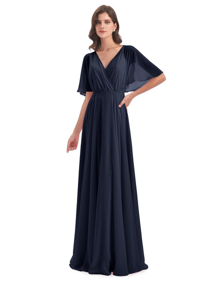 Hazel V-Neck Short Sleeves Chiffon Long Bridesmaid Dresses