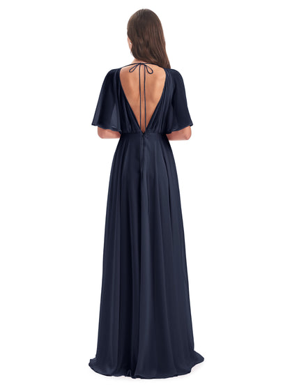 Hazel V-Neck Short Sleeves Chiffon Long Bridesmaid Dresses