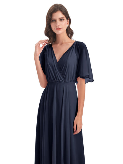 Hazel V-Neck Short Sleeves Chiffon Long Bridesmaid Dresses