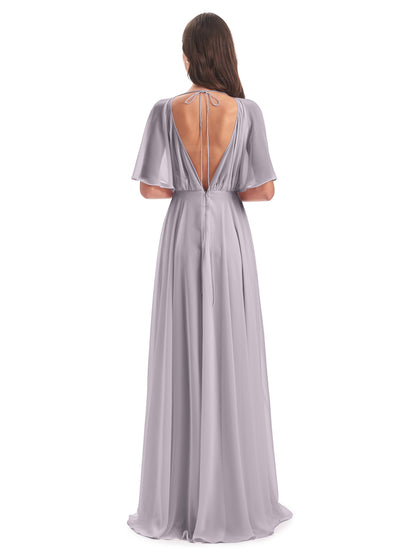 Hazel V-Neck Short Sleeves Chiffon Long Bridesmaid Dresses