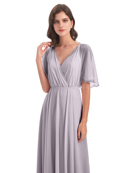 Hazel V-Neck Short Sleeves Chiffon Long Bridesmaid Dresses