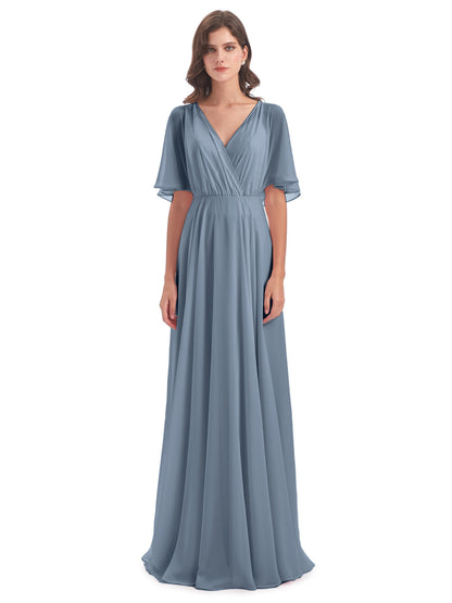 Hazel V-Neck Short Sleeves Chiffon Long Bridesmaid Dresses