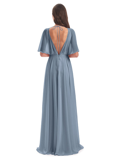 Hazel V-Neck Short Sleeves Chiffon Long Bridesmaid Dresses