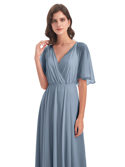Hazel V-Neck Short Sleeves Chiffon Long Bridesmaid Dresses