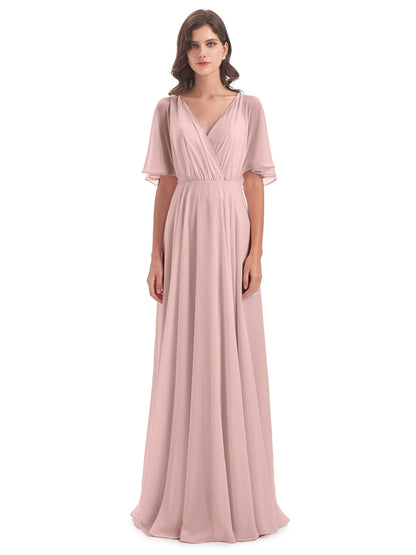 Hazel V-Neck Short Sleeves Chiffon Long Bridesmaid Dresses