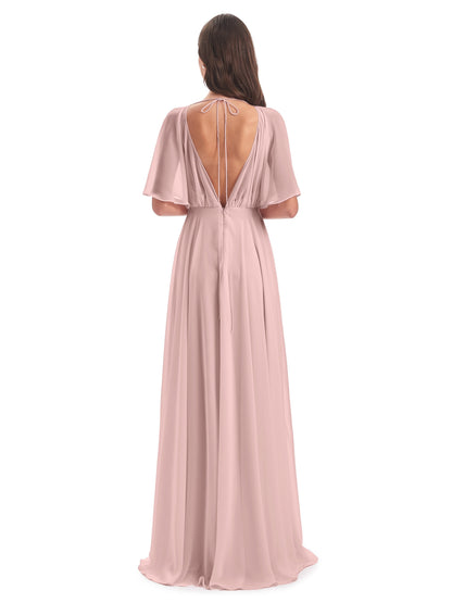 Hazel V-Neck Short Sleeves Chiffon Long Bridesmaid Dresses