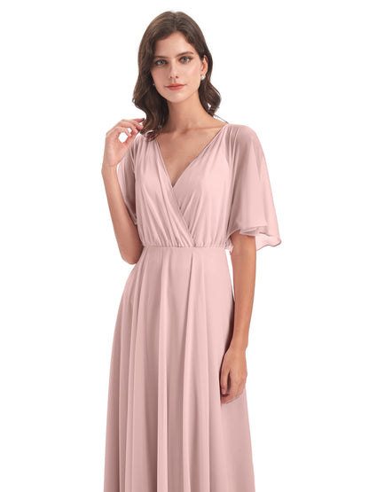 Hazel V-Neck Short Sleeves Chiffon Long Bridesmaid Dresses
