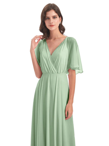 Hazel V-Neck Short Sleeves Chiffon Long Bridesmaid Dresses