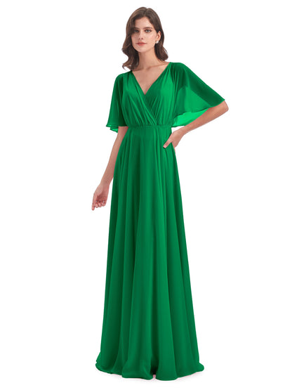 Hazel V-Neck Short Sleeves Chiffon Long Bridesmaid Dresses