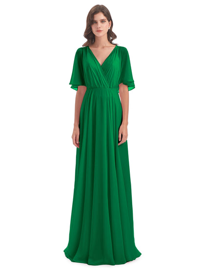 Hazel V-Neck Short Sleeves Chiffon Long Bridesmaid Dresses
