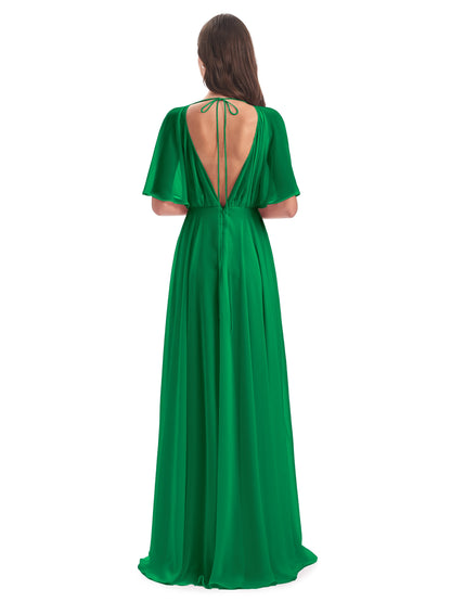 Hazel V-Neck Short Sleeves Chiffon Long Bridesmaid Dresses