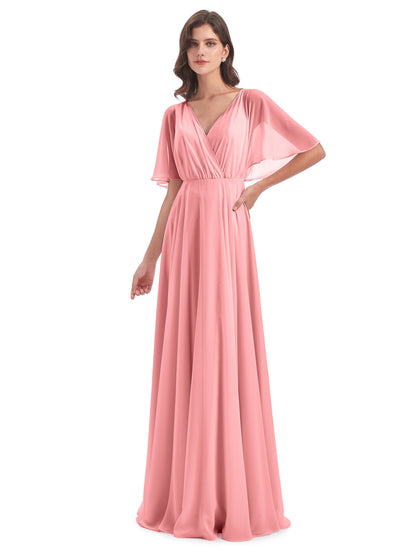 Hazel V-Neck Short Sleeves Chiffon Long Bridesmaid Dresses
