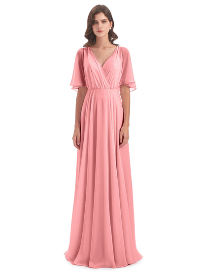 Hazel V-Neck Short Sleeves Chiffon Long Bridesmaid Dresses