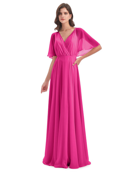 Hazel V-Neck Short Sleeves Chiffon Long Bridesmaid Dresses