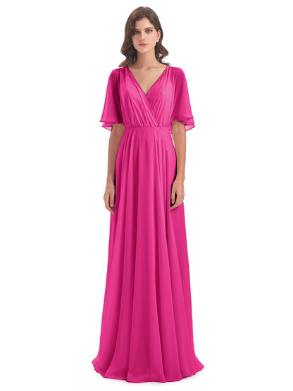 Hazel V-Neck Short Sleeves Chiffon Long Bridesmaid Dresses