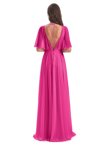 Hazel V-Neck Short Sleeves Chiffon Long Bridesmaid Dresses