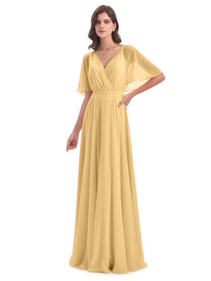 Hazel V-Neck Short Sleeves Chiffon Long Bridesmaid Dresses