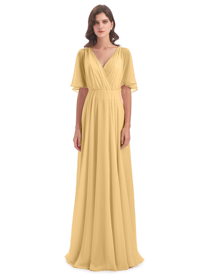 Hazel V-Neck Short Sleeves Chiffon Long Bridesmaid Dresses