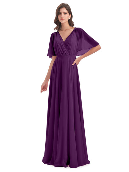 Hazel V-Neck Short Sleeves Chiffon Long Bridesmaid Dresses
