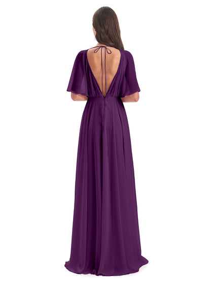 Hazel V-Neck Short Sleeves Chiffon Long Bridesmaid Dresses
