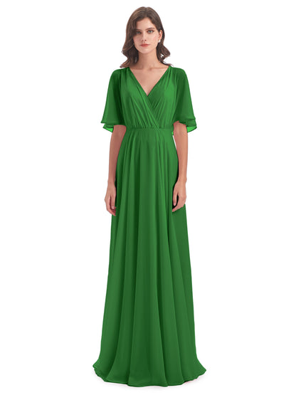 Hazel V-Neck Short Sleeves Chiffon Long Bridesmaid Dresses