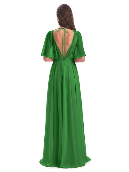 Hazel V-Neck Short Sleeves Chiffon Long Bridesmaid Dresses