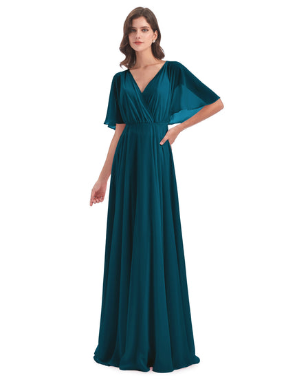 Hazel V-Neck Short Sleeves Chiffon Long Bridesmaid Dresses