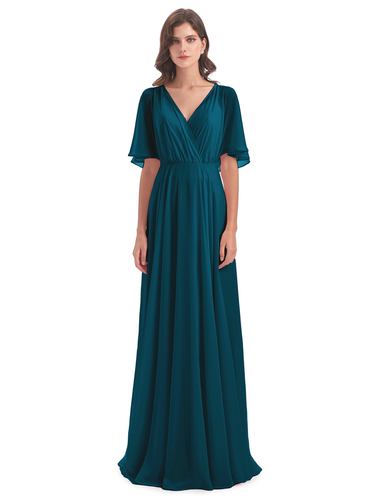 Hazel V-Neck Short Sleeves Chiffon Long Bridesmaid Dresses