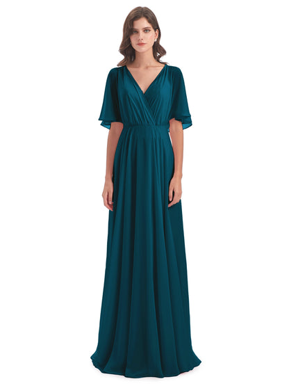 Hazel V-Neck Short Sleeves Chiffon Long Bridesmaid Dresses