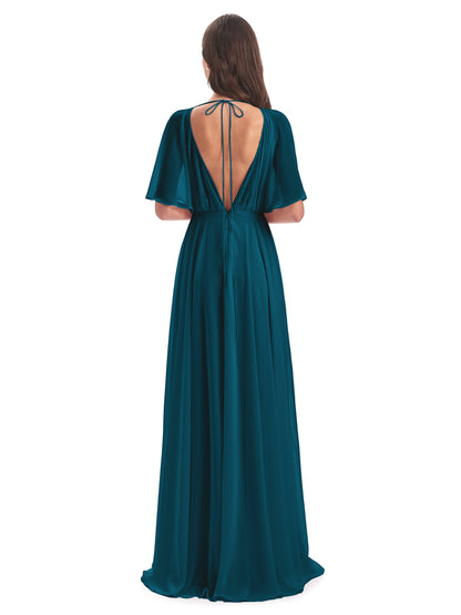Hazel V-Neck Short Sleeves Chiffon Long Bridesmaid Dresses