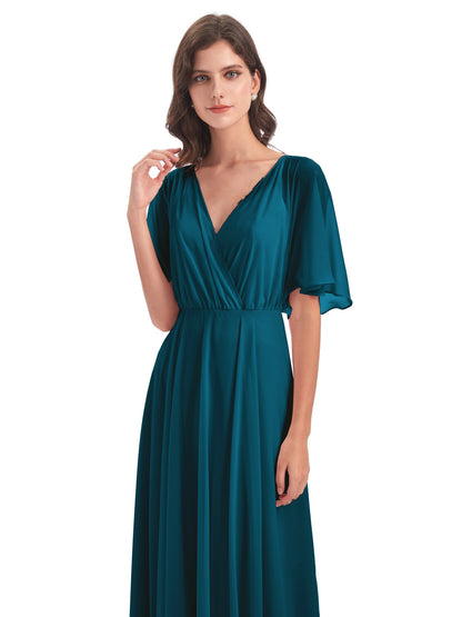 Hazel V-Neck Short Sleeves Chiffon Long Bridesmaid Dresses