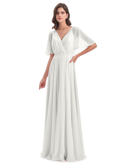 Hazel V-Neck Short Sleeves Chiffon Long Bridesmaid Dresses