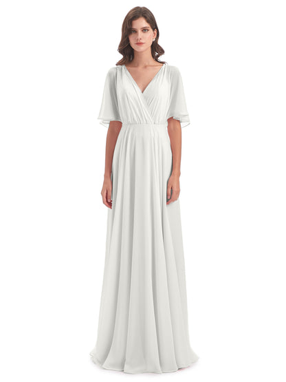 Hazel V-Neck Short Sleeves Chiffon Long Bridesmaid Dresses