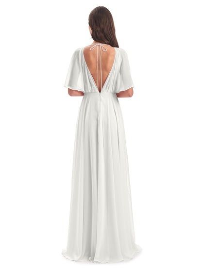 Hazel V-Neck Short Sleeves Chiffon Long Bridesmaid Dresses