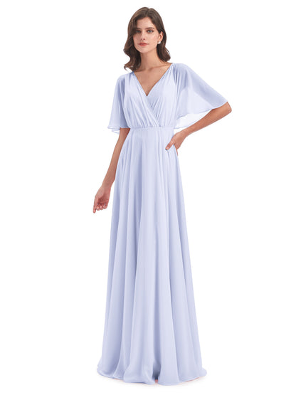 Hazel V-Neck Short Sleeves Chiffon Long Bridesmaid Dresses