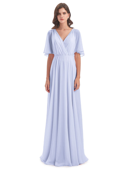 Hazel V-Neck Short Sleeves Chiffon Long Bridesmaid Dresses