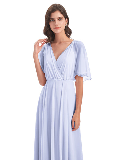 Hazel V-Neck Short Sleeves Chiffon Long Bridesmaid Dresses