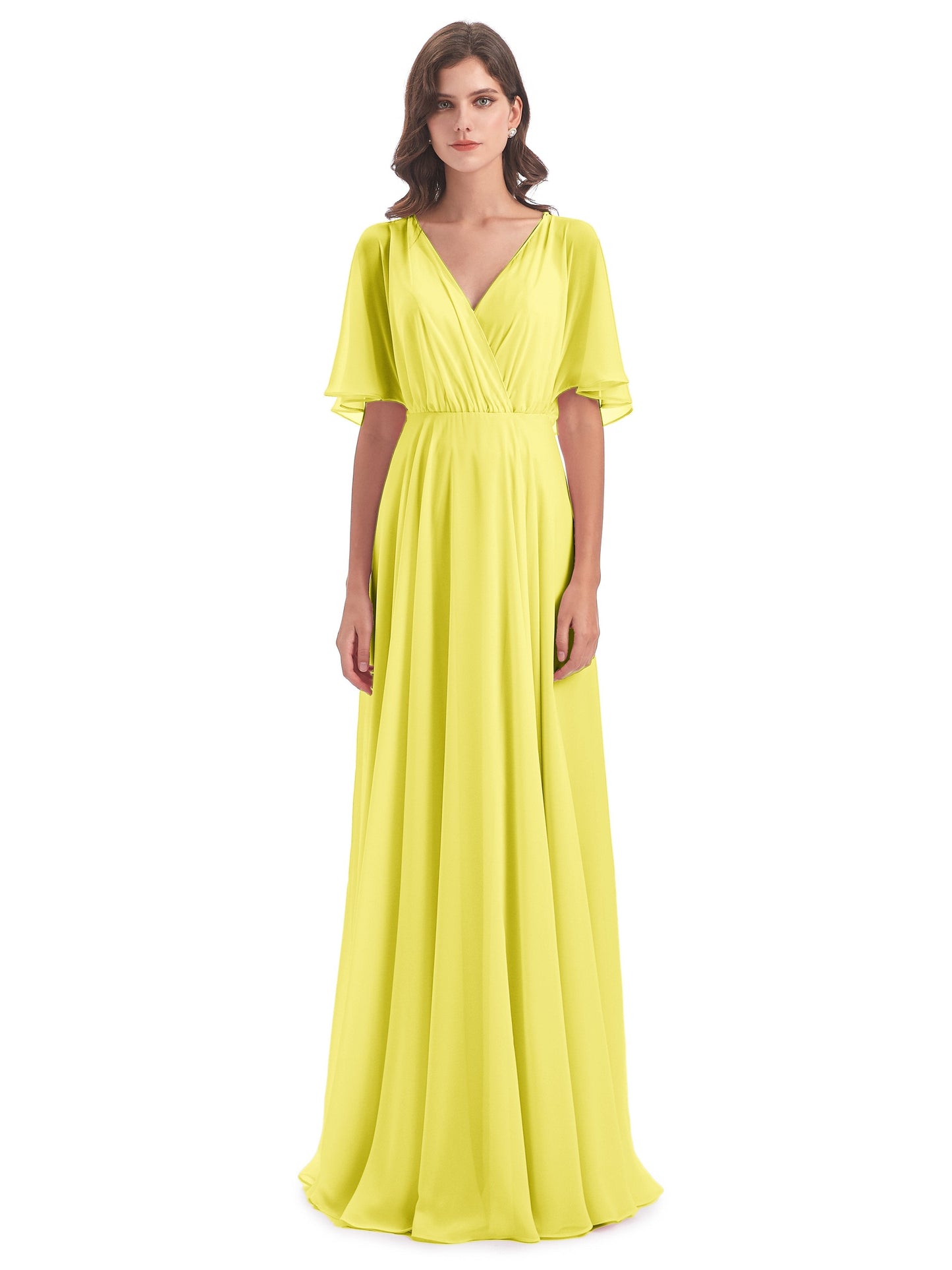 Hazel V-Neck Short Sleeves Chiffon Long Bridesmaid Dresses