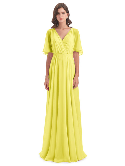 Hazel V-Neck Short Sleeves Chiffon Long Bridesmaid Dresses