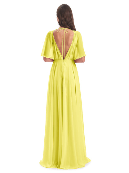 Hazel V-Neck Short Sleeves Chiffon Long Bridesmaid Dresses