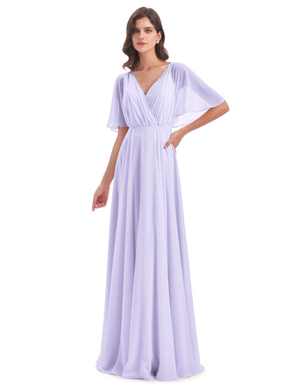 Hazel V-Neck Short Sleeves Chiffon Long Bridesmaid Dresses